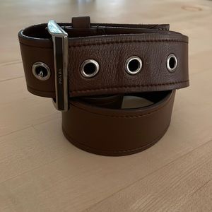 PRADA Dark Brown 34 Leather Silver Buckle Grommet Belt.